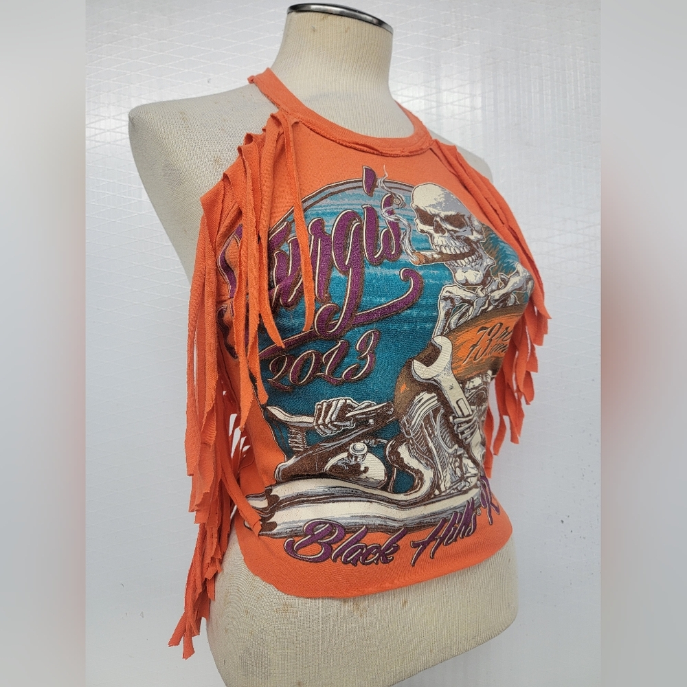 Harley Davidson Sturgis Rally Fringe Halter Top Upcycled - Picture 2 of 7